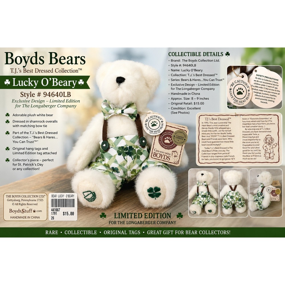 Boyds Bears Lucky O'Beary St Patricks Day Plush 94640LB Longaberger Limited Ed